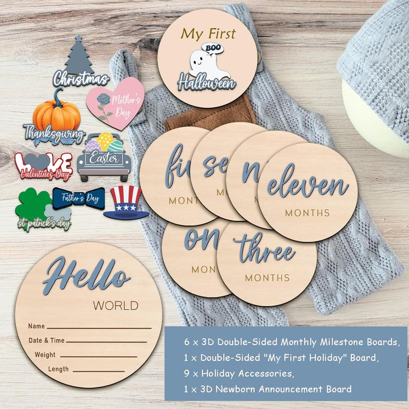 cephira Monthly Baby Milestone and First Holiday Signs, Wooden Baby Months Disc Set 1-12, Hello World Newborn Announcement Props (Blue) - Image 5